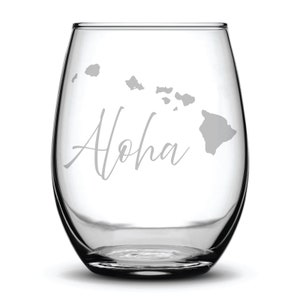 Aloha Hawaii Islands Fun Laser Etched Stemless Wine Glass - Perfect Gift - Vacationers - Hawaii Lovers - 15 oz