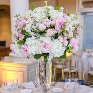 Pink Rose Ivory Hydrangea Wedding Centerpiece Wedding head table florals sweetheart flower kissing ball Aisle flowers party idear