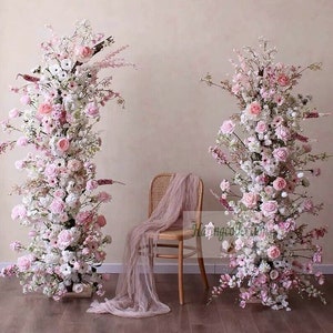 Wildflower arch Sweet Pink girils party Flower Arrangement wedding backdrop idear Artificial pale pink Rose Pampas Horns Arch Flower