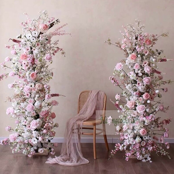 Sweet Pink girils party Flower Arrangement Moon Background Decoration Artificial pale pink Rose Pampas Horns Arch Flower