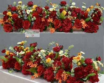 Burgundy fall wedding Lip Red Rose Wedding Flower Garland Reception, Floral Arrangement aisle Artificial Silk Flowers Row Arch Flower