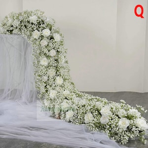 Baby Breath white rose Flower Runner floral Arrangement Wedding Ideas