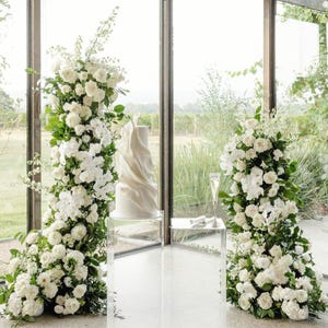 White ivory flowers and greenery arch Wedding Flowers stairs Florals Arrangement  Flowers, archway Aisle Flowers, Ground arch Flowers