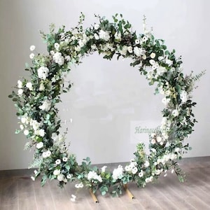 White Ivory Wedding Circle Arch Ceremony Arbor Flowers, Lux White Green Wedding Floral Swag, Round Arch Flowers, Customized Floral Designs