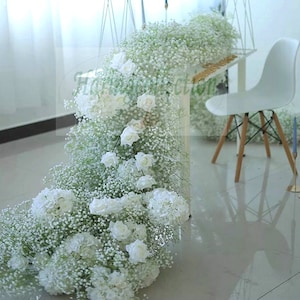 Fully Baby Breath Greenery Rose Wedding Flower Garland, baby shower Flower Reception Table Runner, Artificial Flower Runner ceiling decor