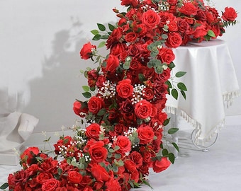Burgundy Rose Wedding Aisle Flowers: Stair & Table Centerpiece
