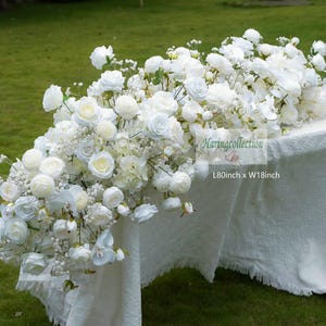 Sweetheart table Flower Runner, white Rose Peony Flower Garland Wedding Reception,Wedding Aisle Flowers Row arch decor ivory
