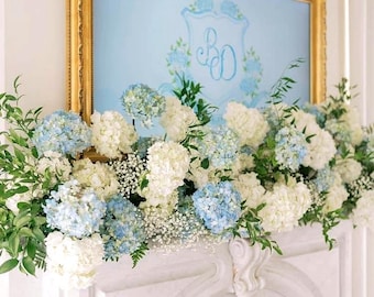 Baby blue and white hydrangea Wedding Florals Baby‘s Breathy Arrangement Fireplace mantle Aisle Flower runners