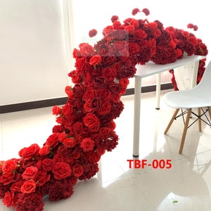 Lip Red Rose Wedding Flower Garland Reception, Floral Arrangement aisle Flowers Row Table Runner Red roses whimsical themed wedding