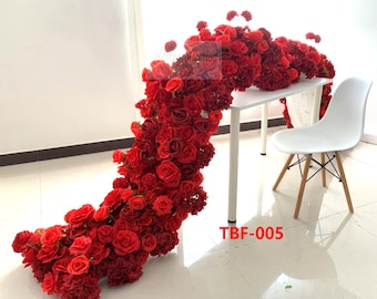 Lip Red Rose Wedding Flower Garland Reception, Floral Arrangement aisle Flowers Row Table Runner Red roses whimsical themed wedding