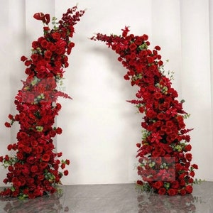 Passionate Red Burgundy Wedding flowers arch decorated Rose hyacinth flowers backdrop in luxurious area of the wedding ceremony