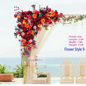 Dark Red Wedding Archway Flower, Fuchsia orange floral fall Wedding Flowers,Artificial Plant Arbour corner Flowers triangular arch flower