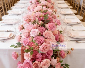 Burgundy & Pink Rose Hydrangea Flower Runner, Wedding Aisle Decor