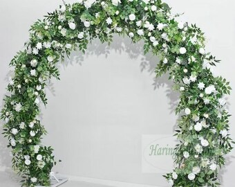 Matrimonio a forma di U Arco Cerimonia Fiori pergolato, Lux White Greenery Wedding Floral Swag, Fiori ad arco rotondo, Disegni floreali personalizzati