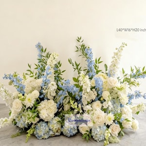 Wedding Aisle Flowers,Blue and Ivory Hydrangeas rose Eucalyptus Hyacinths Floral Arrangement
