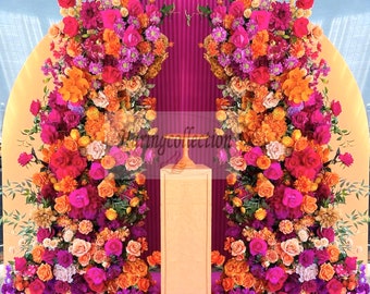Lujo rosa caliente naranja rosa bebé aliento hortensias boda arco flor, pilar de flores de boda, telón de fondo de la boda, flores del cenador