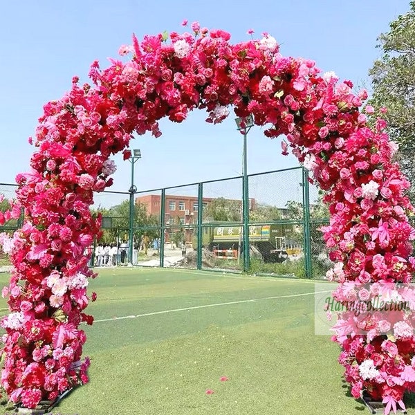 U Shaped Hot Pink Wedding Archway Flower, Wedding Corner Swag Rose Red flowers garland Wedding Backdrop, Fuchsia Floral big Arch Arrangement