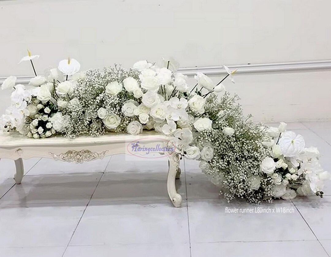 White Silk Flower Runner: Baby Breath, Rose Wedding Table Centerpiece ...