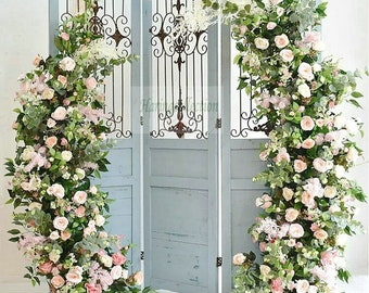 Eucalyptus Wedding Arch Champagne Pale Pink Artificial Floral,Flower Row Arrrangement Wedding Pillar Flower, Moon Arbour Flowers backdrop