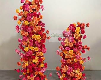 Orange & Hot pink Rose Hydrangea Wedding Archway Flower, Fuchsia Flower Row Arrrangement Wedding Pillar Coral Flowers