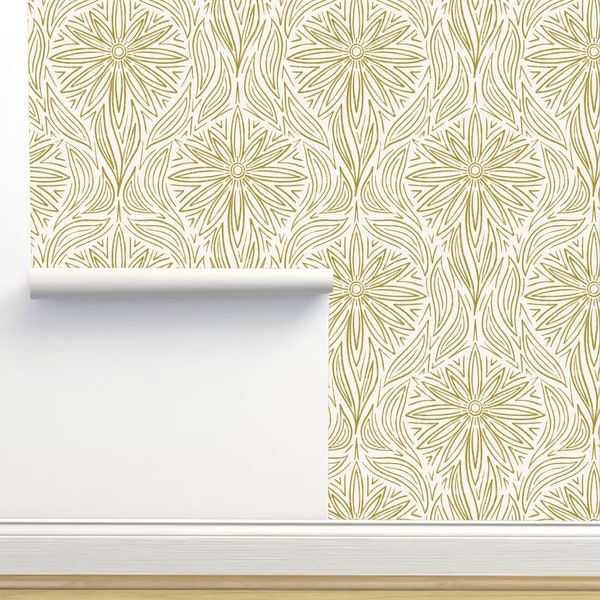 Botanical Waves Gold on White Peel and Stick Luxury Wallpaper by Hummbird Creative