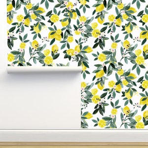 Dear Clementine Teal Lemons White Peel & Stick Wallpaper by Crystal Walen Home Decor Wall Art Removable Wallpaper Limitless Walls