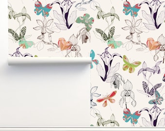 Orchids and Butterflies Peel and Stick Luxury Wallpaper by Julia Schumacher Home Decor Wall Art Removable Wallpaper Limitless Walls
