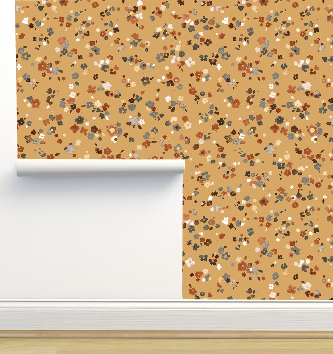 Ditsy Flowers Mustard Peel & Stick Wallpaper by Ninola Design Etsy