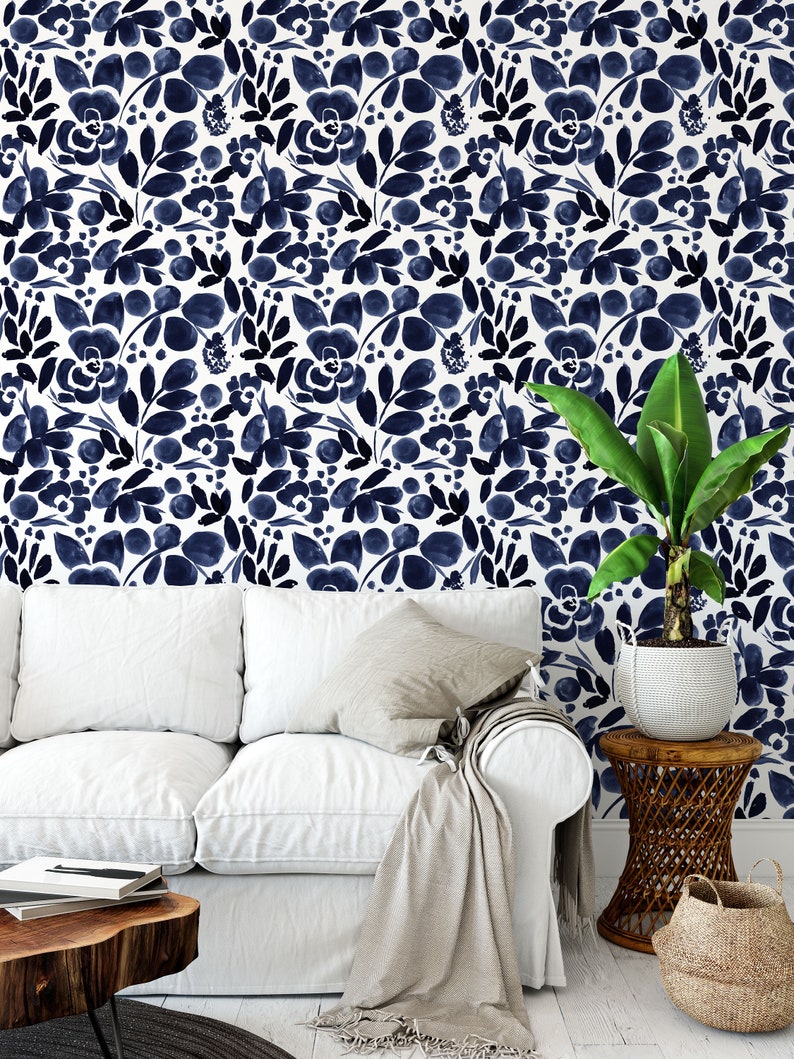 Navy Floral Peel & Stick Wallpaper by Crystal Walen Home Decor Etsy