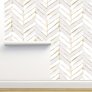 Chevron White Gold Peel and Stick Luxury Wallpaper by Crystal Walen