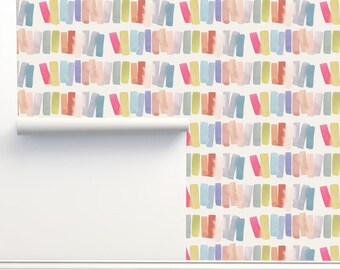 May include: A seamless pattern wallpaper featuring a repeating design of colorful watercolor brushstrokes in shades of pink, yellow, blue, green, and orange. The brushstrokes are arranged in a staggered pattern on a white background.