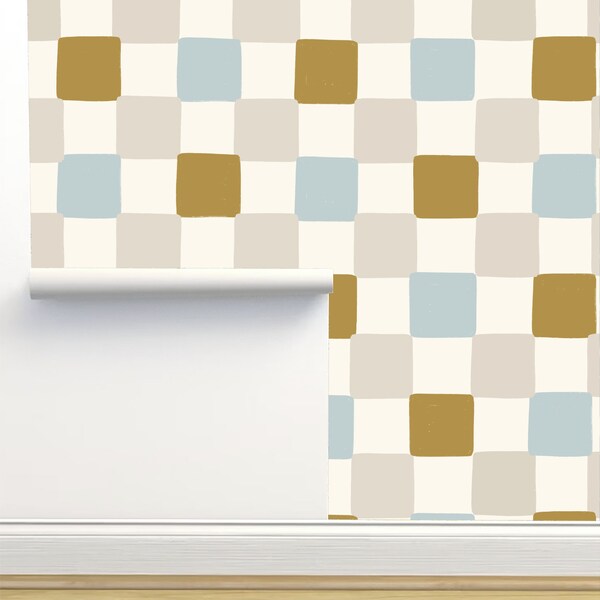 Freehand Checkers Gold Blue Bone on Cream Peel and Stick Luxury Wallpaper by Hummbird Creative