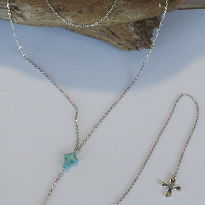 Ladies double strand cable chain necklace with Y style longer strand with blue carved stone cross