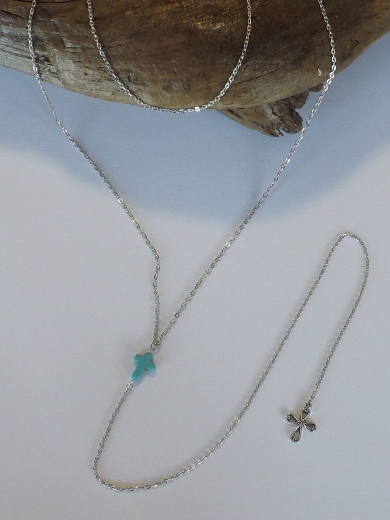 Ladies double strand cable chain necklace with Y style longer strand with blue carved stone cross