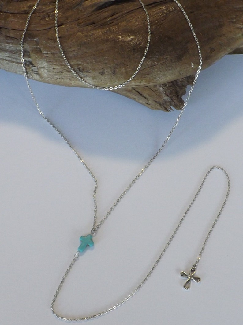 Ladies double strand cable chain necklace with Y style longer strand with blue carved stone cross