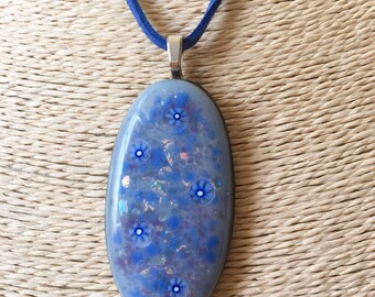 Classic Blue Fused Glass Pendant Necklace with Millefiori and dichroic glass, on faux suede, boho, one of a kind, handmade