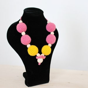 Handmade necklace - wooden beads covered with crochet - Yellow-pink colors - eco-friendly handmade necklace