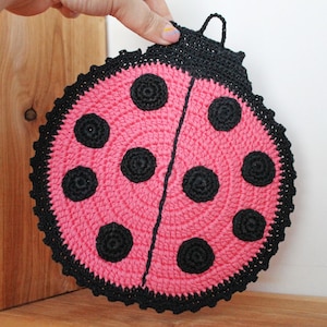 May include: A pink and black crocheted ladybug pot holder with a black loop for hanging.