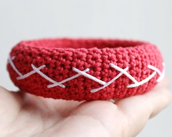 Hand Knitted wooden Bangle Bracelet, Red and White Bracelet, Cuff Bracelet. Wooden bracelet covered with cotton thread