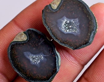 Natural Druzy Agate Geode Pair, Polished Gemstone Cabochons