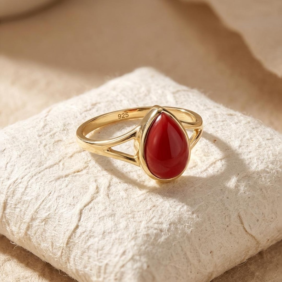 Teardrop Red Coral Ring, Gold Vermeil Sterling Silver, Dainty Boho