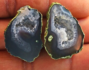 Druzy Agate Geode Pair, Natural Gemstone Cabochons, Jewelry Making