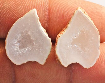 Raw White Druzy Agate Geode Pair, 24 Carat Quartz Cabochons