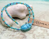 Beaded Blue Scarab Necklace - Egyptian Scarab, Seed Bead Necklace, Immortality, Transformation, Scarab Beetle, Scarab Jewelry, Blue Scarab