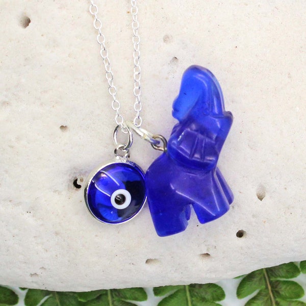 Blue Glass Ganesh Necklace with Turkish Evil Eye Glass Bead - Ganesh, Zen, Evil Eye, Sterling Silver, Minimalist, Cobalt Blue, Elephant