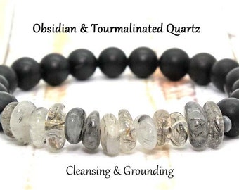 Mens Bracelet / Black Obsidian and Rutilated Quartz Bracelet/ Mens Gemstone Bracelet  / Gemstone Healing Bracelet / Mens Bracelet