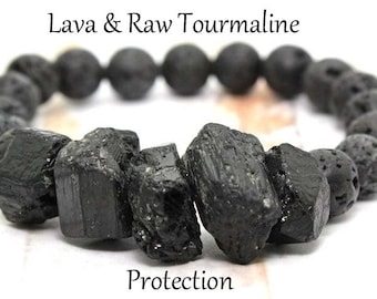 Mens Bracelet / Black Tourmaline and Lava Bracelet / Gemstone Bracelet / Wrist Mala / Gemstone Healing Bracelet / Mens Stretch Bracelet