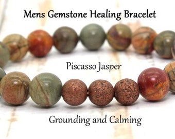 Mens Bracelet / Picasso Jasper Bracelet  / Gemstone Bracelet / Chakra Bracelet / Gemstone Healing Bracelet / Mens Stretch Bracelet