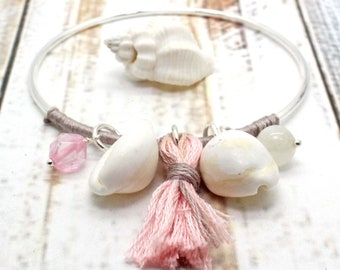 Silver Bangle / .925 Silver Plated Bangle with Sea Shells and Gemstones / Gemstone Bracelet / Friendship Bracelet / Silver Bracelet