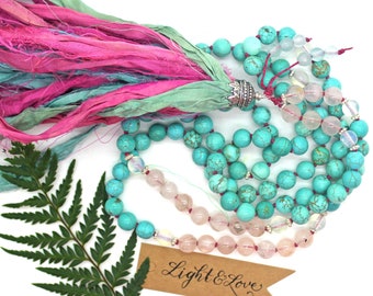 Turquoise and Rose Quartz Mala Necklace | PEACE and LOVE | Mala Tassel Necklace, Mala Beads Necklace, Knotted Mala Prayer Beads, Chakra Mala